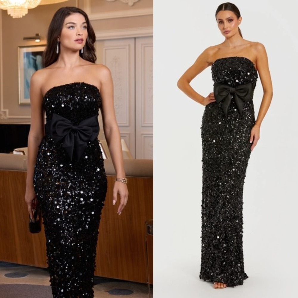 NEW Mac Duggal Black‎ Strapless Sequin Evening Gown With Bow $598 - Size 8